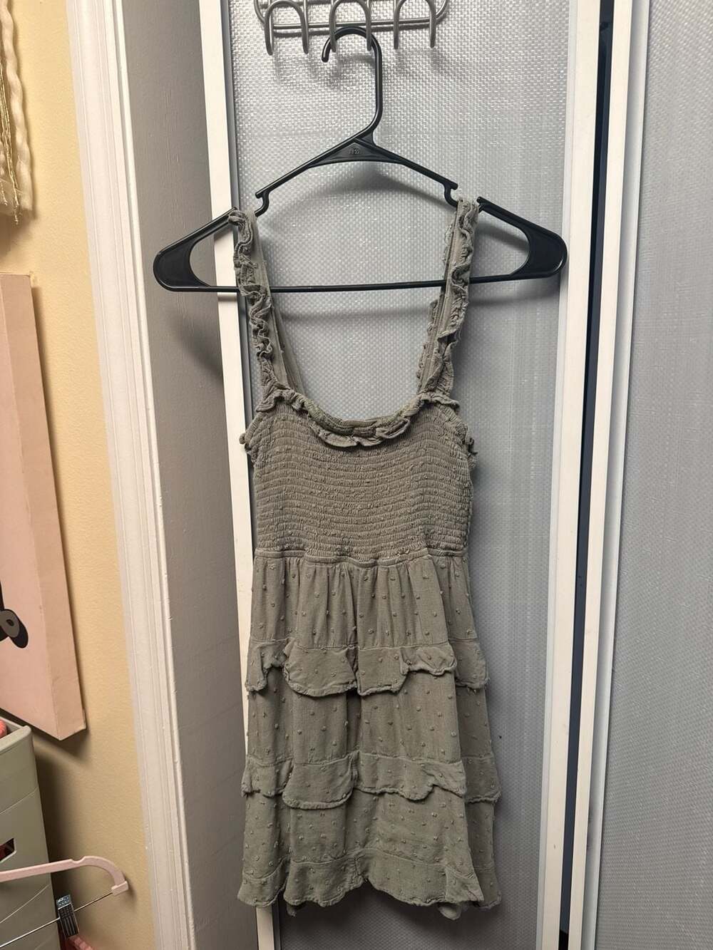 Mable Sage Green Smocked Tiered Swiss Dot Mini Dress, Size S